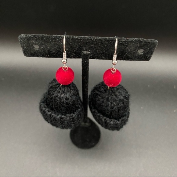 Handknit Black and Burgundy Winter Hat Earrings - Picture 6 of 7